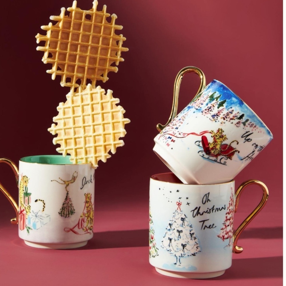 NEW Anthropologie x Susannah Garrod Oh Christmas Tree Coffee Mug Pair